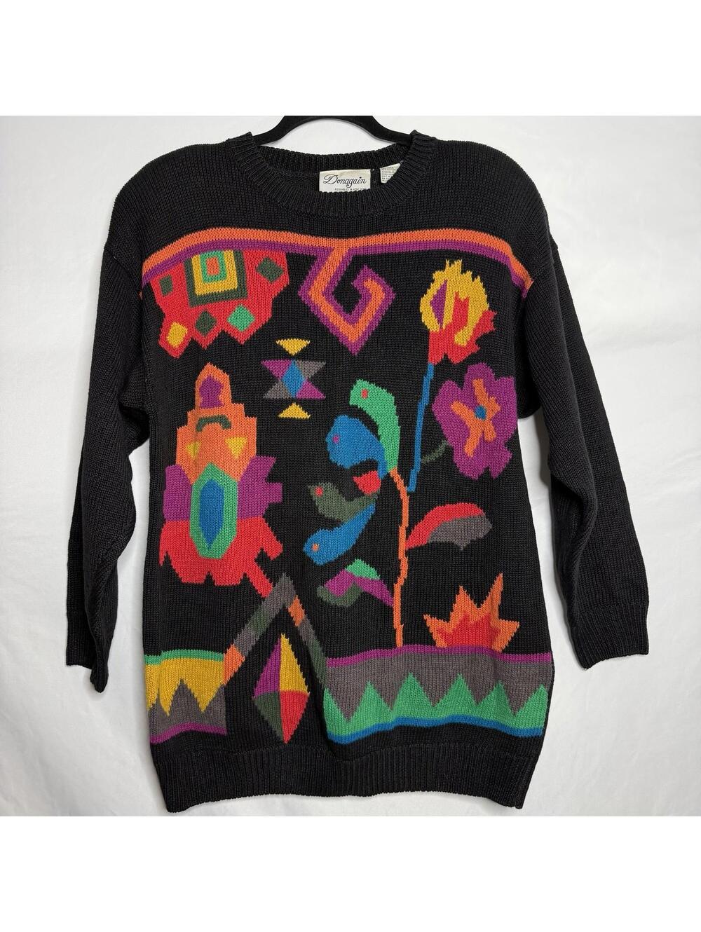 Vintage 80's Abstract Floral Knit Sweater Womens Medium Black Multicolor Retro